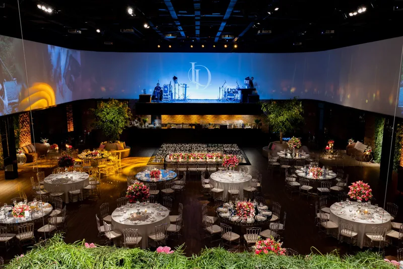 Elegant banquet hall with stage for a large event